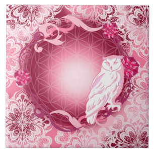 Cute Pink Owl with Flower of Life Ceramic Tile