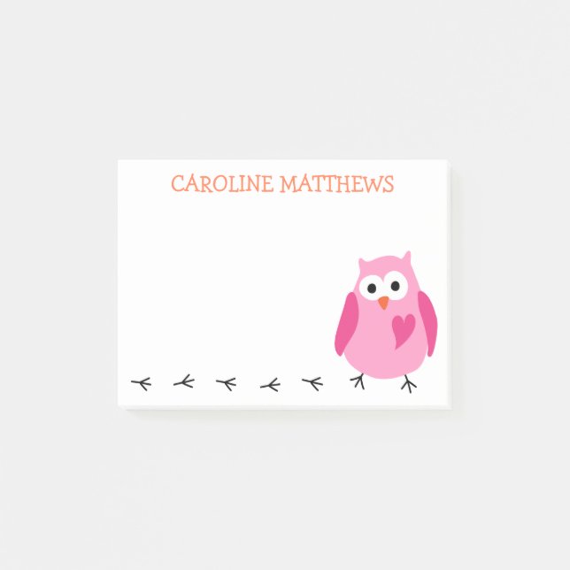 Cute pink owl with heart girls personalised name post-it notes (Front)