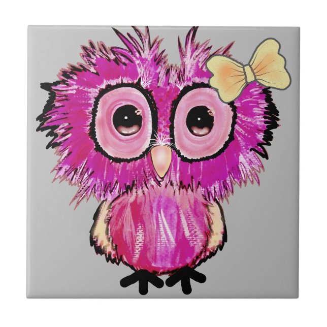 Cute Pink Owl with ribbon bow Ceramic Tile (Front)