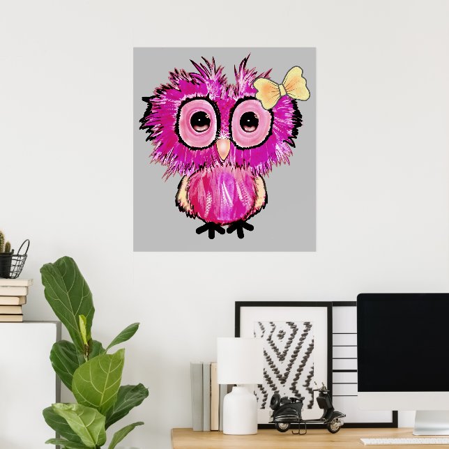 Cute Pink Owl with ribbon bow Poster (Home Office)