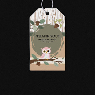 Cute Pink Owl Woodland Forest Baby Shower Gift Tags