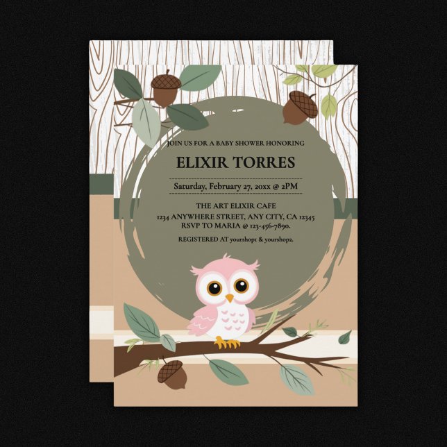 Cute Pink Owl Woodland Forest Baby Shower Invitation (Creator Uploaded)