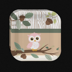 Cute Pink Owl Woodland Forest Baby Shower Paper Plate