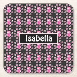 Cute Pink Owls And Flowers Square Paper Coaster
