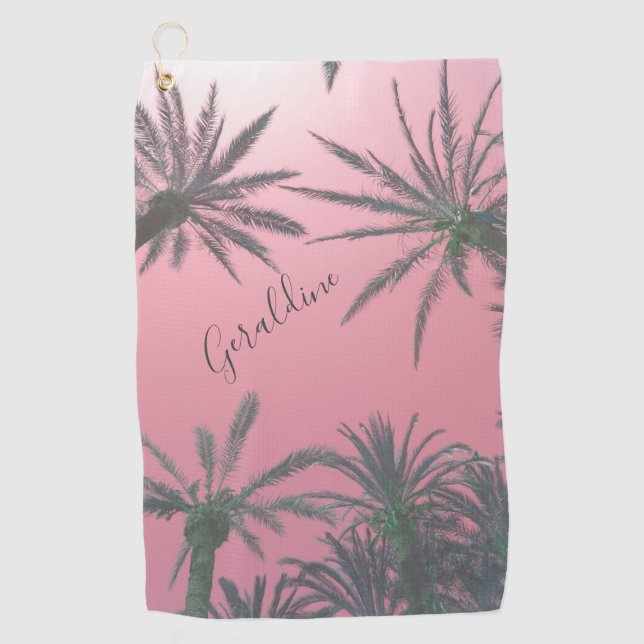 Cute Pink Palm Tree Print Golf Towel (Front)