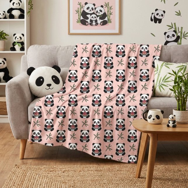 Cute Pink Panda  Fleece Blanket (Creator Uploaded)