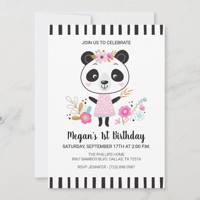 Cute Pink Panda Girls 1st Birthday Party Invitation (Front)