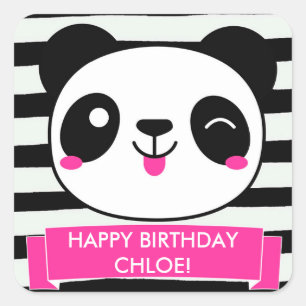 Cute Pink Panda Girls Happy Birthday Stickers