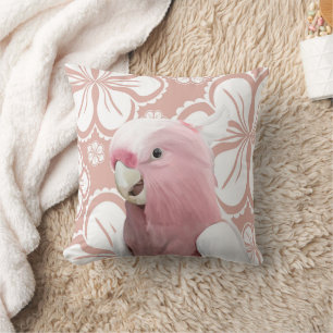 Cute Pink Parrot on Light Pink Abstract Floral Cushion