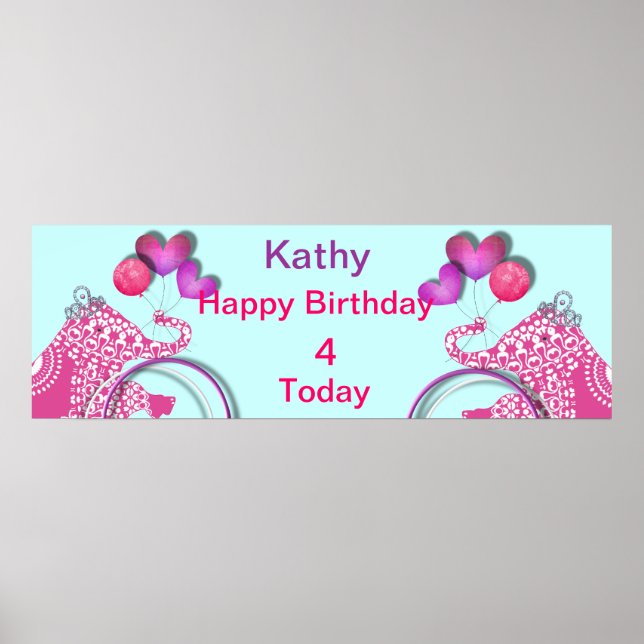 Cute Pink Party Elephant Kids Personalised Banner Poster (Front)