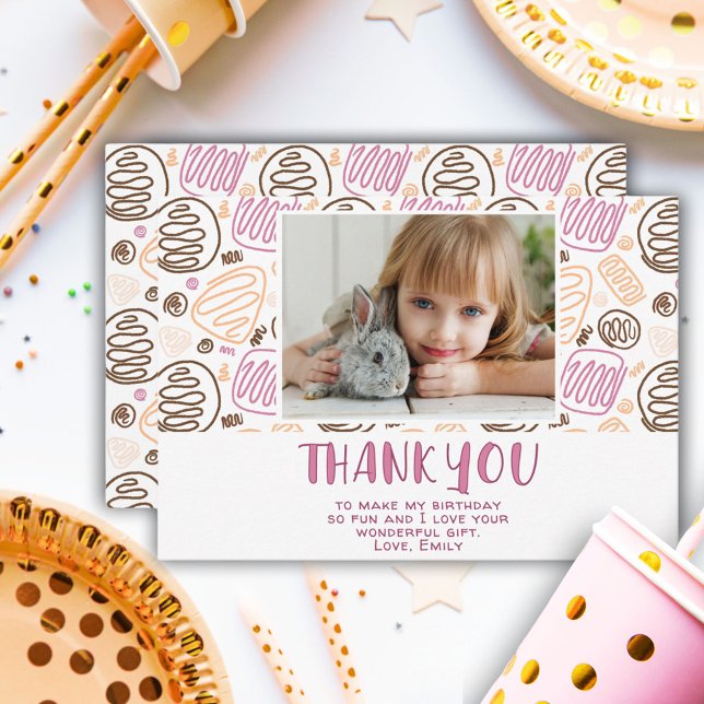 Cute Pink Pattern Birthday Kids Girl Photo Thank You Card (Creator Uploaded)