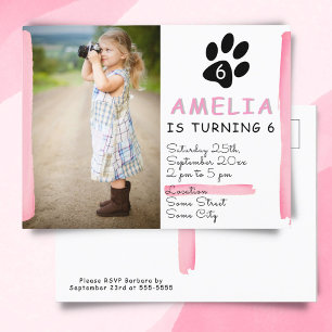 Cute Pink Paw Photo Birthday Party Invitation