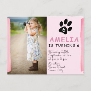 Cute Pink Paw Photo Birthday Party Invitation Postcard