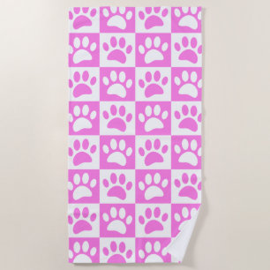 Cute Pink Paw Print And Chequerboard Pattern Beach Towel