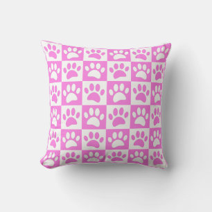 Cute Pink Paw Print And Chequerboard Pattern Cushion