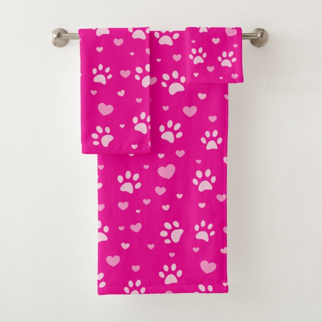 Cute Pink Paw Print & Hearts  Bath Towel Set (Insitu)