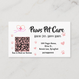 Cute Pink Paws Pet Care Pet Shop Logo Name Barcode Business Card
