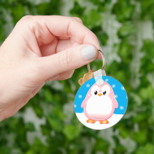 Cute Pink Penguin Cartoon Snow Flakes Custom Key Ring