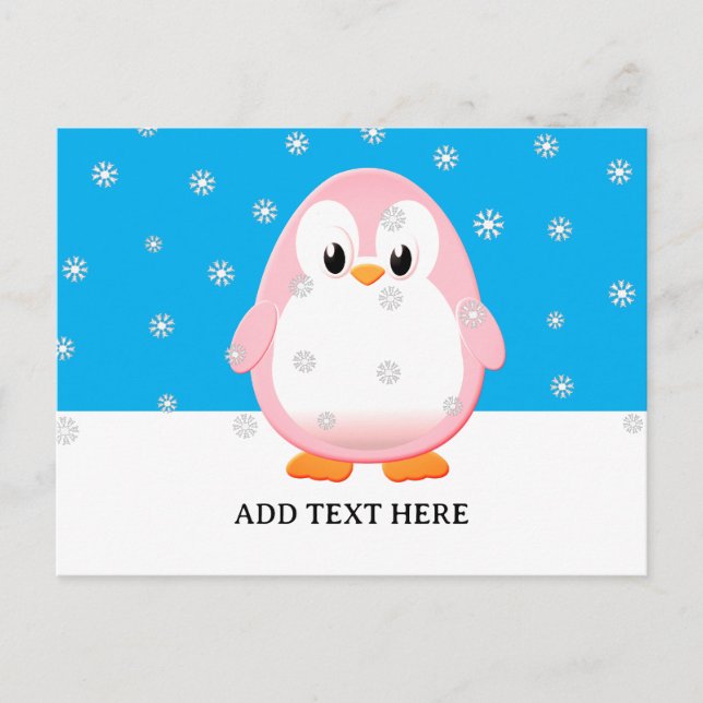 Cute Pink Penguin Cartoon Snow Flakes Custom Postcard (Front)
