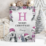 Cute Pink Penguin Daughter Christmas Card<br><div class="desc">Make this holiday season truly enchanting with a cute, personalised Christmas card for your daughter. This unique card sparks joy with its washed out grey background, elegantly painted Xmas flora, and adorable features like baby penguins and a snowman. The icing on the cake is a wonderful personalised template, showcasing your...</div>