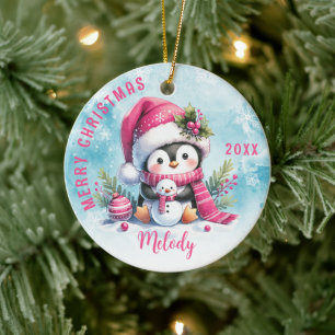 Cute Pink Penguin Girl First Name Merry Christmas  Ceramic Ornament