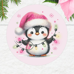 Cute Pink Penguin with Christmas Lights Classic Round Sticker