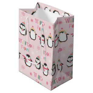Cute Pink Penguins   Winter Fun Christmas Medium Gift Bag