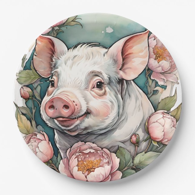 Cute Pink Peony Piggy pet Pig                      Paper Plate (Front)