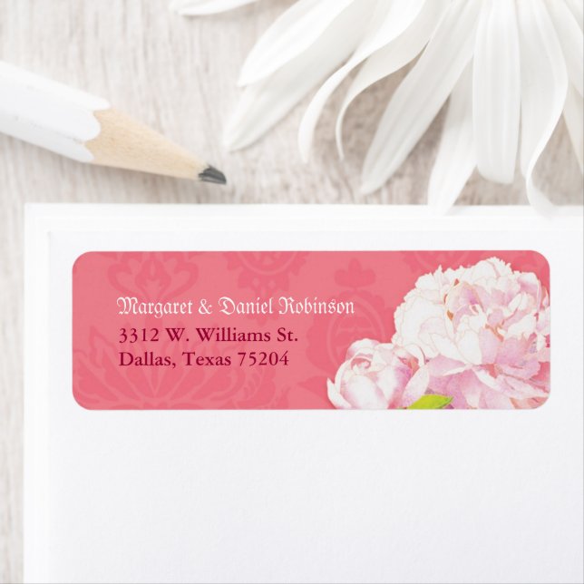 Cute Pink Peony Wedding Return Address Return Address Label (Insitu)