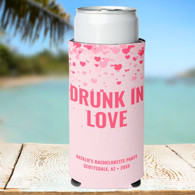 Cute Pink Personalised Drunk in Love Bachelorette Seltzer Can Cooler (Creator Uploaded)