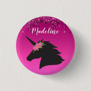 Cute Pink Personalised Floral Unicorn 3 Cm Round Badge