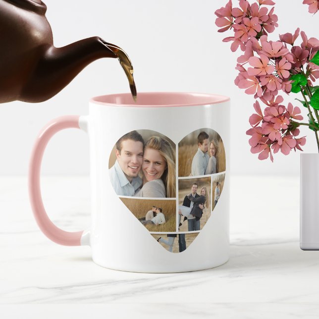 Cute Pink Personalised Love Heart Photo Collage Mug (Custom photo collage mug)