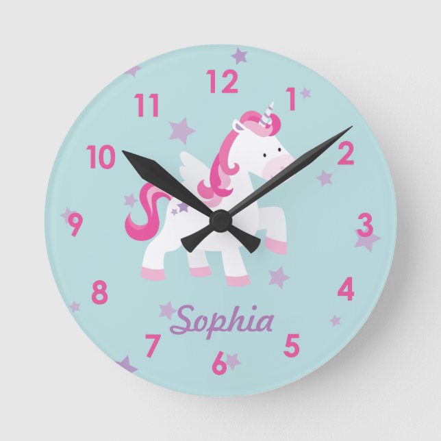 Cute Pink Personalised Magical Unicorn Wall Clock (Front)