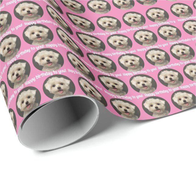 Cute Pink Pet Photo Pattern Happy Birthday Wrapping Paper (Roll Corner)