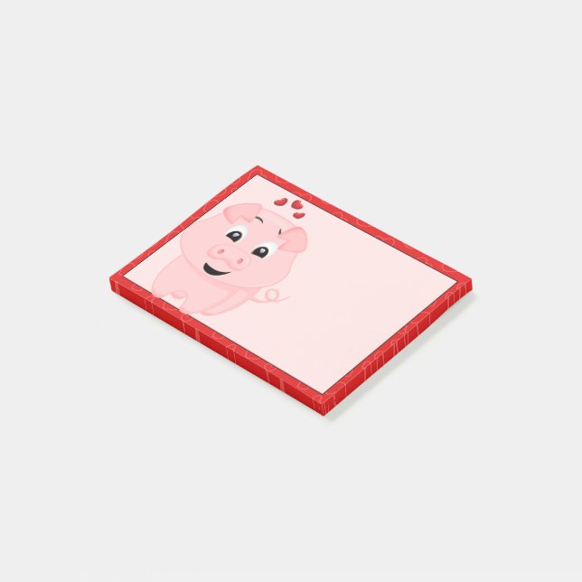 Cute Pink Pig and Hearts Post-it Notes (Angled)