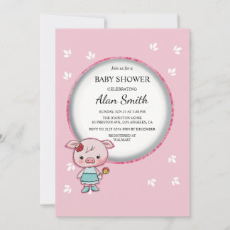 Cute Pink Pig Baby Shower Invitation