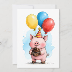 Cute Pink Pig & Cupcake Kid's Happy Birthday Flat Card