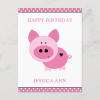 Cute Pink Pig Custom Birthday Card