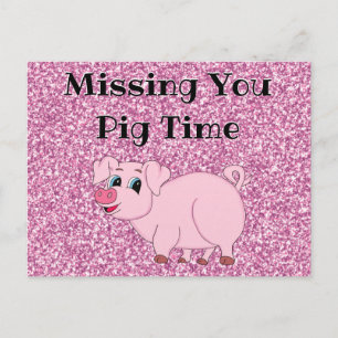 Cute Pink Pig Glitter Postcard
