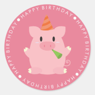 Cute Pink Pig Happy Birthday Classic Round Sticker
