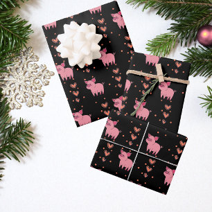 Cute Pink Pig & Hearts Wrapping Paper Sheet