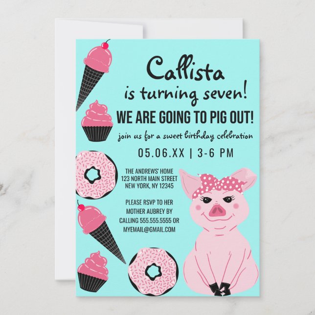 Cute Pink Pig Ice Cream Doughnuts Cupcake Birthday Invitation (Front)