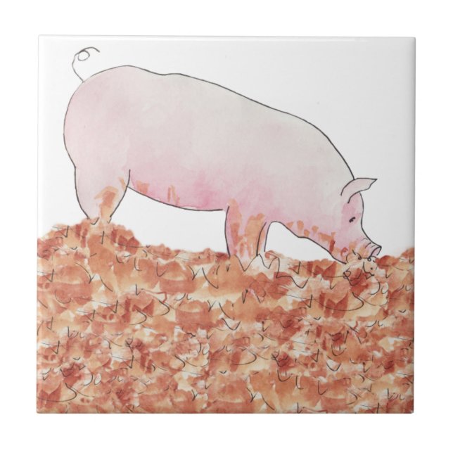 Cute Pink Pig in Mud Funny Watercolour Animal Art Ceramic Tile (Front)