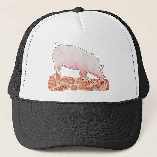 Cute Pink Pig in Mud Funny Watercolour Animal Art Trucker Hat (Front)