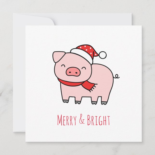Cute Pink Pig Merry and Bright Minimalist Holiday  (Front)