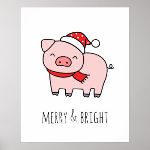 Cute Pink Pig Merry & Bright Minimalist Christmast Poster
