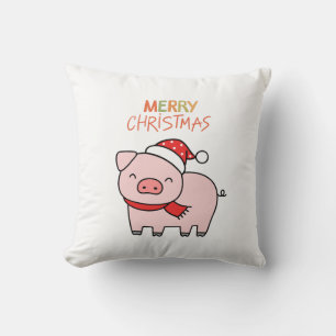 Cute Pink Pig Merry Christmas Cushion