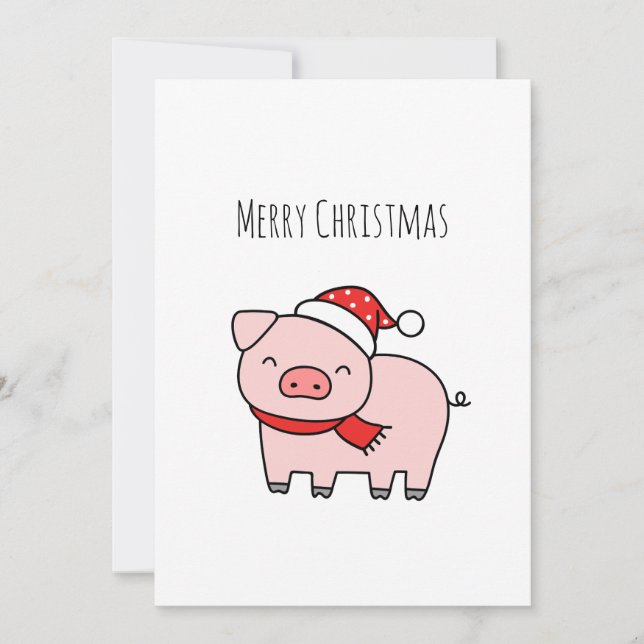 Cute Pink Pig Merry Christmas Minimalist Holiday Card (Front)