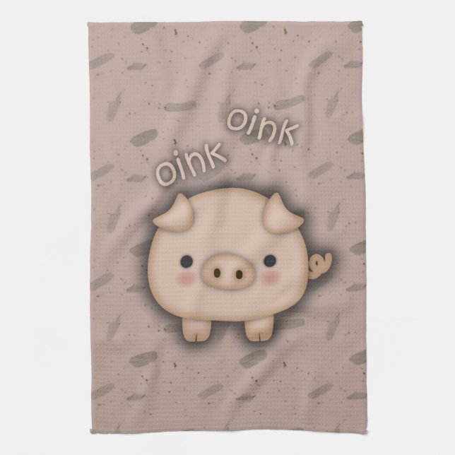 Cute Pink Pig Oink Pink Background Tea Towel (Vertical)