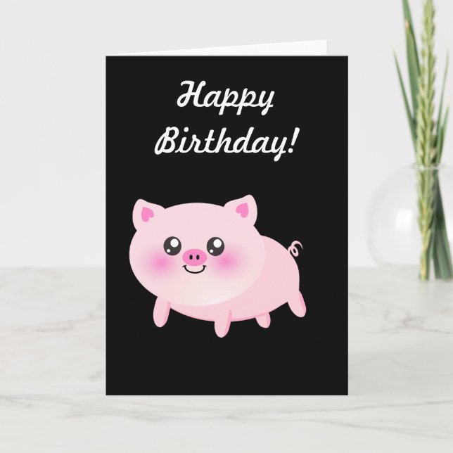 Cute Pink Pig on Black Card (Front)